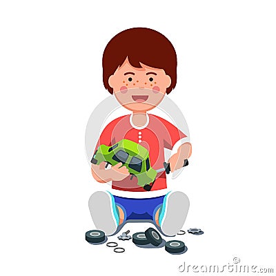 Boy mechanic repairing toy car using screwdriver Vector Illustration