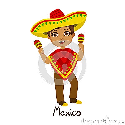 Boy In Mexico Country National Clothes, Wearing Poncho And Sombrero Traditional For The Nation Vector Illustration