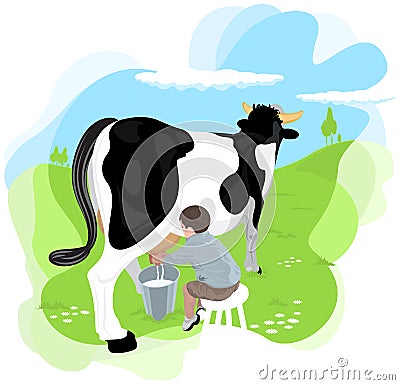 A boy milking a cow Vector Illustration