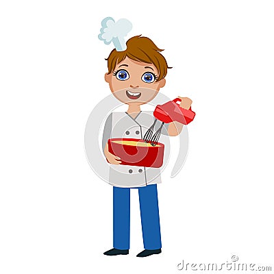 Boy Mixing Dough With Electric Mixer, Cute Kid In Chief Toque Hat Cooking Food Vector Illustration Vector Illustration