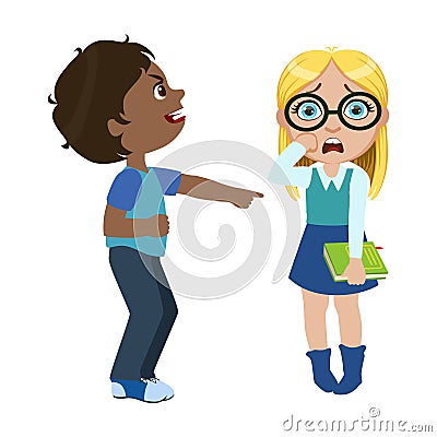 Boy Mocking A Girl, Part Of Bad Kids Behavior And Bullies Series Of Vector Illustrations With Characters Being Rude And Vector Illustration