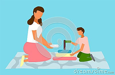 Boy and mom playing with pyramid toy vector flat illustration. Kid stack a pyramid of colored rings Vector Illustration