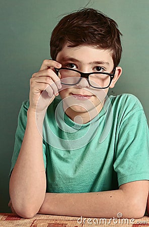 Boy in myopia glasses close up photo Stock Photo