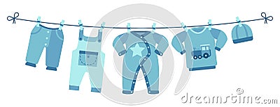 Boy newborn clothes. Cute blue pants, sweater and hat. Apparel for little man drying on clothesline vector illustration Vector Illustration