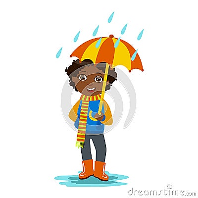 Boy With Open Umbrella Standing Under Raindrops, Kid In Autumn Clothes In Fall Season Enjoyingn Rain And Rainy Weather Vector Illustration