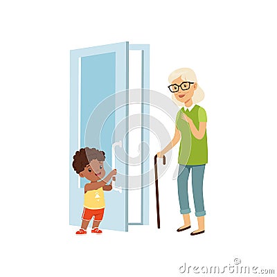 Boy opening the door to an elderly woman, kids good manners concept vector Illustration on a white background Vector Illustration