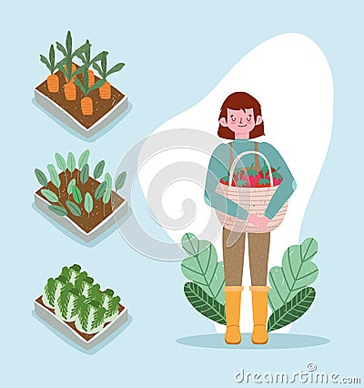 boy organic gardening and farming Vector Illustration