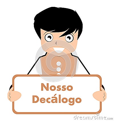 Boy with our decalogue sign, portuguese, rules, isolated. Cartoon Illustration