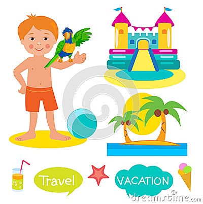 Boy, Parrot, Bouncy Castle And Palms. Set Vacation, Tourism Icons And Balloons With Text: Vacation, Travel. Vector Illustration