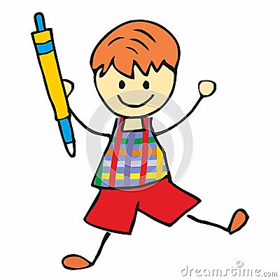Boy with pen, school child, one person on white background, colour picture Vector Illustration