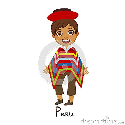 Boy In Peru Country National Clothes, Wearing Poncho Traditional For The Nation Vector Illustration