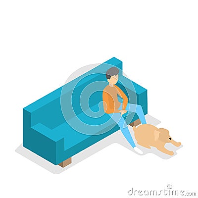 Boy with a pet dog waiting in queue Vector Illustration