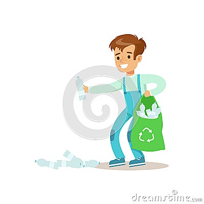 Boy Picking Recycle Garbage Helping In Eco-Friendly Gardening Outdoors Part Of Kids And Nature Series Vector Illustration