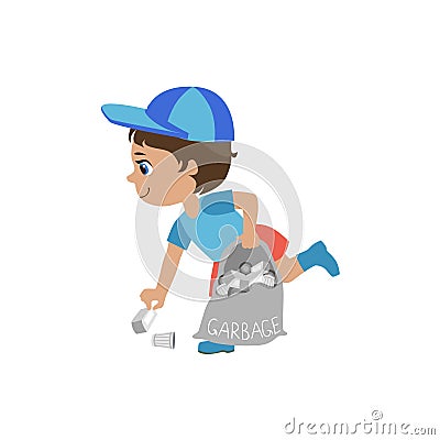 Boy Picking Up Trash Vector Illustration