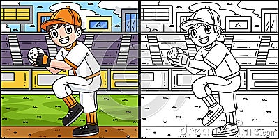 Boy Pitching Baseball Coloring Page Illustration Vector Illustration