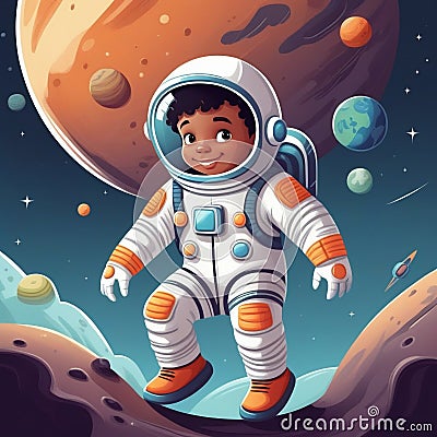 boy on planet in a space suit, children's book illustration style Cartoon Illustration