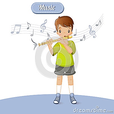 Boy play flute music concept background, cartoon style Vector Illustration