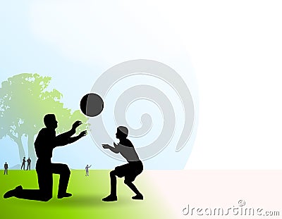 Boy Playing Ball With Dad Park Cartoon Illustration