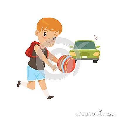 Boy playing ball in front of moving car, kid in dangerous situation vector Illustration on a white background Vector Illustration