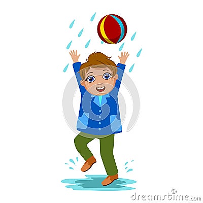 Boy Playing With The Ball, Kid In Autumn Clothes In Fall Season Enjoyingn Rain And Rainy Weather, Splashes And Puddles Vector Illustration