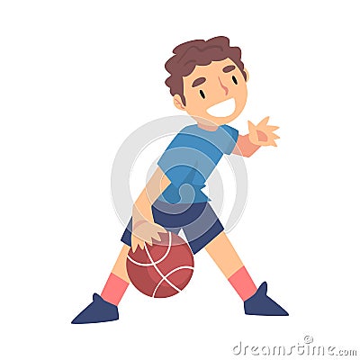 Boy Playing Basketball, Kid Doing Sports, Healthy Lifestyle Concept Cartoon Style Vector Illustration Vector Illustration