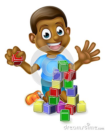 Boy Playing With Building Blocks Vector Illustration