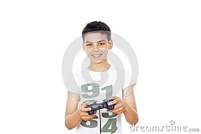 Boy playing computer games on the joystick Stock Photo