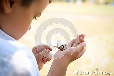 Boy playing with cute snail outdoors, closeup. Child spending time in nature Stock Photo