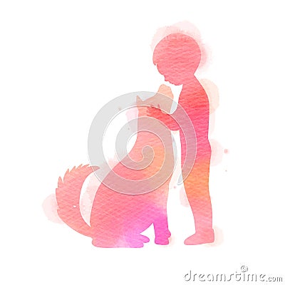 Boy playing with dog silhouette on watercolor background. The concept of trust, friendship and pet care. Digital art painting. Vector Illustration