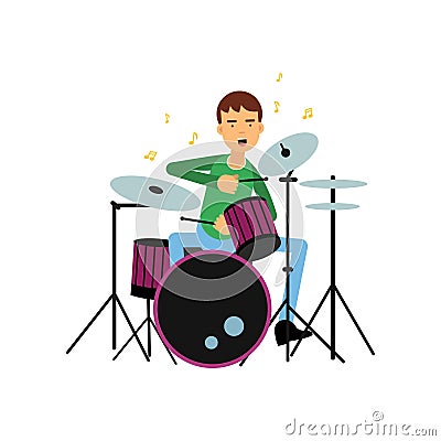 Boy playing drums. Creative hobby or profession concept. Artist young man musician. Flat vector illustration Vector Illustration