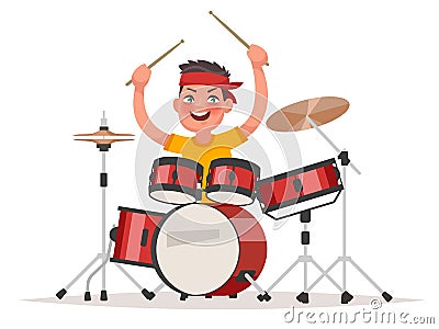 Boy playing drums on a white background. Musical children`s perf Cartoon Illustration