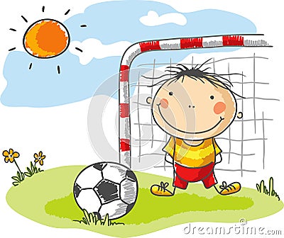 Boy playing football as a goalkeeper Vector Illustration