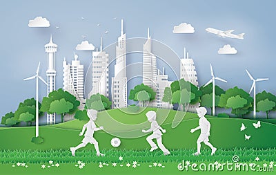 Boy playing football in the city park. Vector Illustration