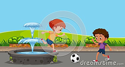 Boy playing football at the garden Vector Illustration