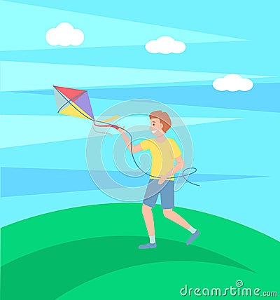 Boy playing with kite outdoors, happy kid running and have fun, summertime leisure, outdoor activity Vector Illustration