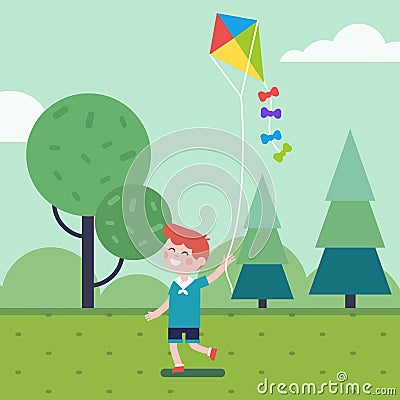 Boy playing with kite in the park Vector Illustration