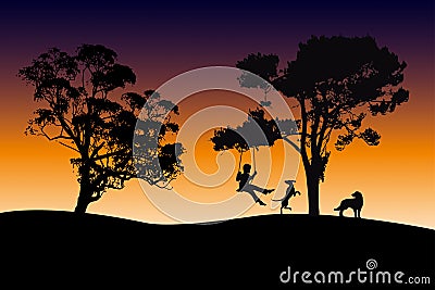 Boy playing with pets at dawn Vector Illustration