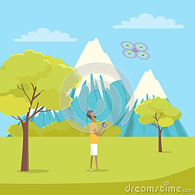Boy Playing with Quadrocopter near Mountains. Vector Illustration