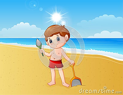 Boy playing a sand with shovel Vector Illustration