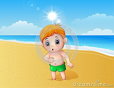 Boy playing a sand using his feet at the beach Vector Illustration