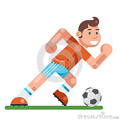 Boy playing soccer child activity football running player cartoon character flat design vector illustration Vector Illustration