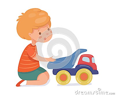 Boy playing with toy car flat vector illustration Vector Illustration
