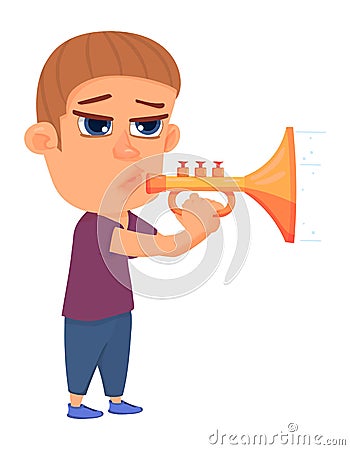 Boy playing trumpet. Kid blowing brass horn Vector Illustration