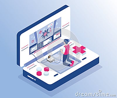 A Boy Playing Video game on a Gaming Console Isometric Artwork Concept. Vector Illustration
