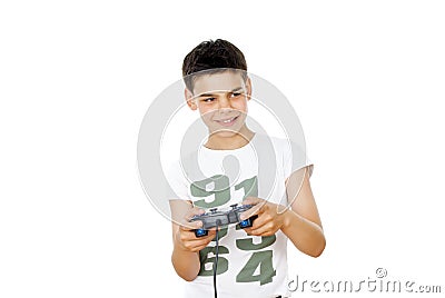 Boy plays on the joystick Stock Photo