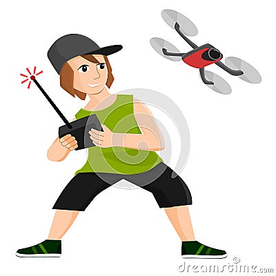 Boy plays with radio controlled drone Vector Illustration