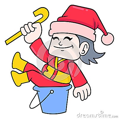 Boy plays the role of santa claus welcomes christmas and new year, doodle icon image kawaii Vector Illustration