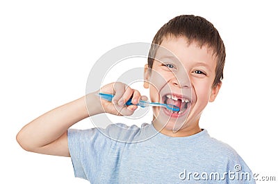 Boy portrait with toothbrush and lost tooth Stock Photo