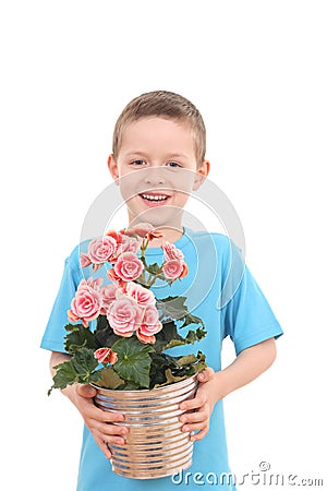 Boy with potted flower Stock Photo