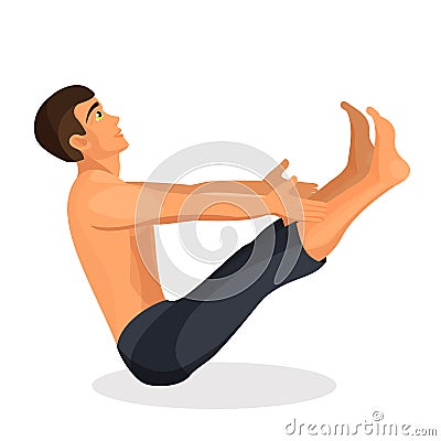 Boy practising yoga navasana pose, holding his hands and legs straight Vector Illustration